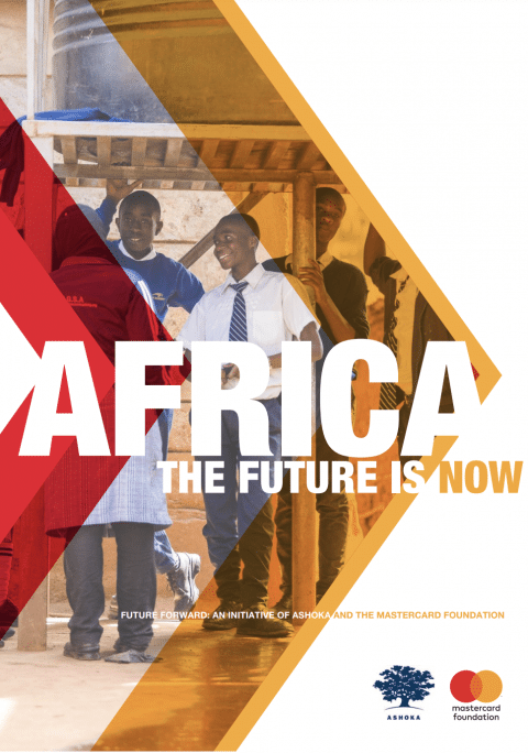 Cover of the report named Africa the Future is Now. Three triangles in an arrow going from left to right across the page. Photo of students in the background smiling. Logos for Mastercard and Ashoka in the lower right hand corner