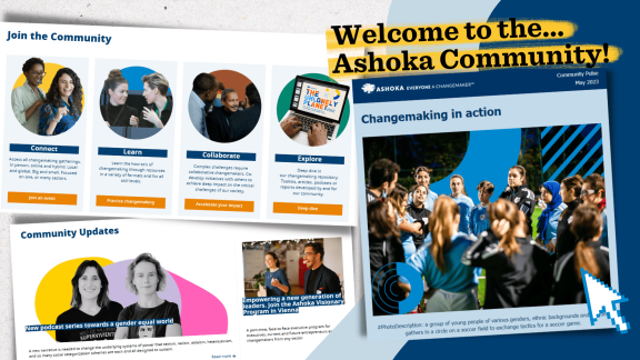 Design with screenshots of the Ashoka Community website and newsletter 