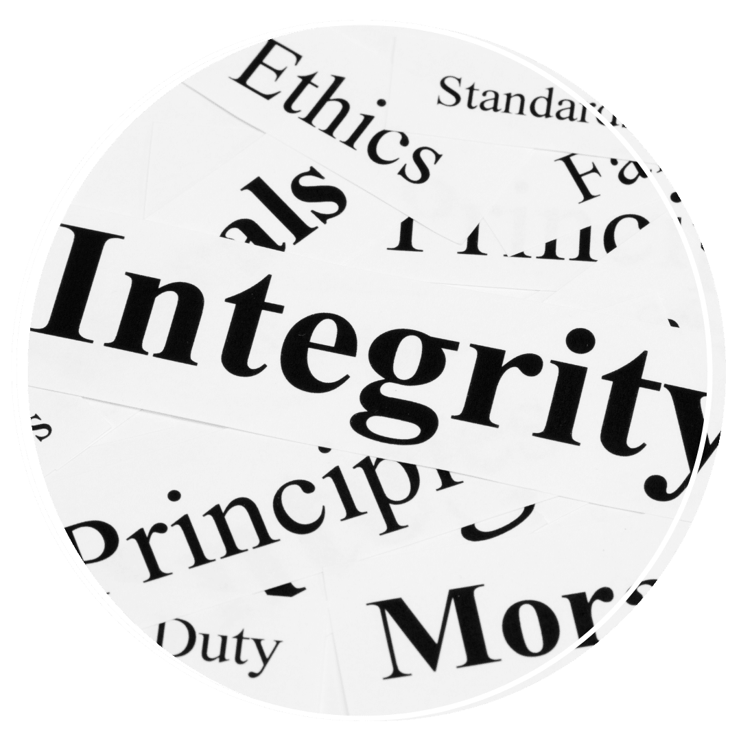 paper bits reading integrity, ethics, principles, duty 