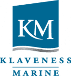 Logo saying 'KM' in white lettering with a dark blue background and a wavy lower edge. Letters below the logo say: Klaveness Marine
