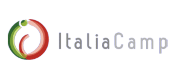 Logo of ItaliaCamp, Logo of a circle, half green half red to the left. Words ItaliaCamp to the right
