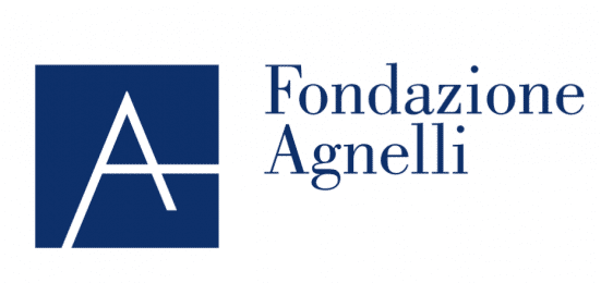 Logo for Fondazione Agnelli; to the left, Giant letter A in white inside of a blue square block; the Words Fondazione Agnelli off to the right