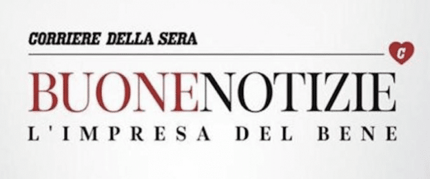 Corriere Della Sera in bold and italics on top. Below, Buone in capital red letters next to Notizie in capital black letters. Below in smaller black letters: L'impresa del Bene