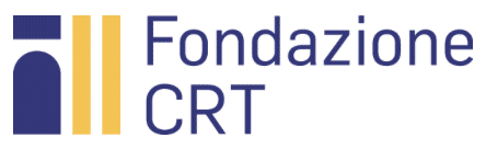 Logo for Fondazione CRT; a graphic of a doorway in black, two pillars in yellow. Words Fondazione and then CRT.