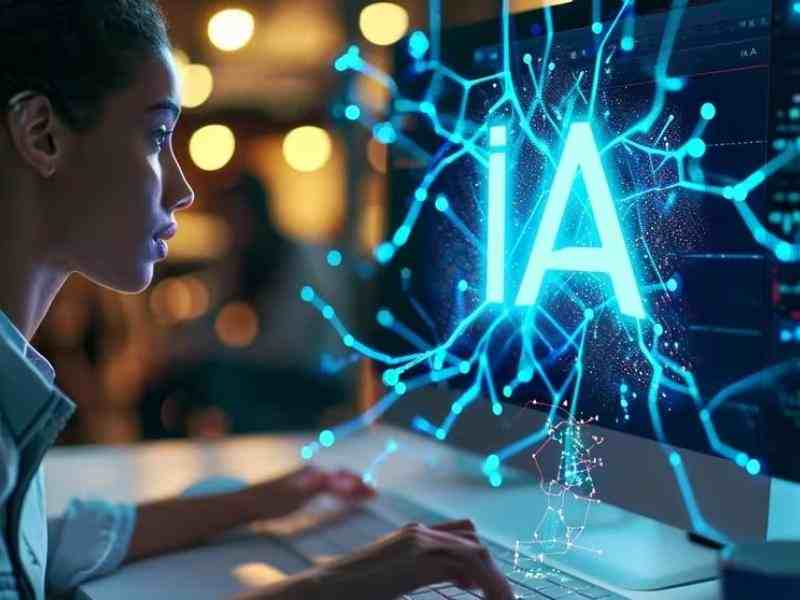 Mujer mirando una computadora con un cartel que dice IA en referencia a la inteligencia artificial