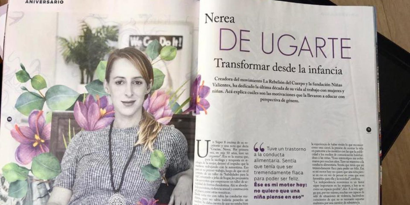 Zdjęcie artykułu w gazecie hiszpańskiej o Ashoka Fellow Nerei de Ugarte. Na lewej stronie portfret Nerei, po prawej tekst.