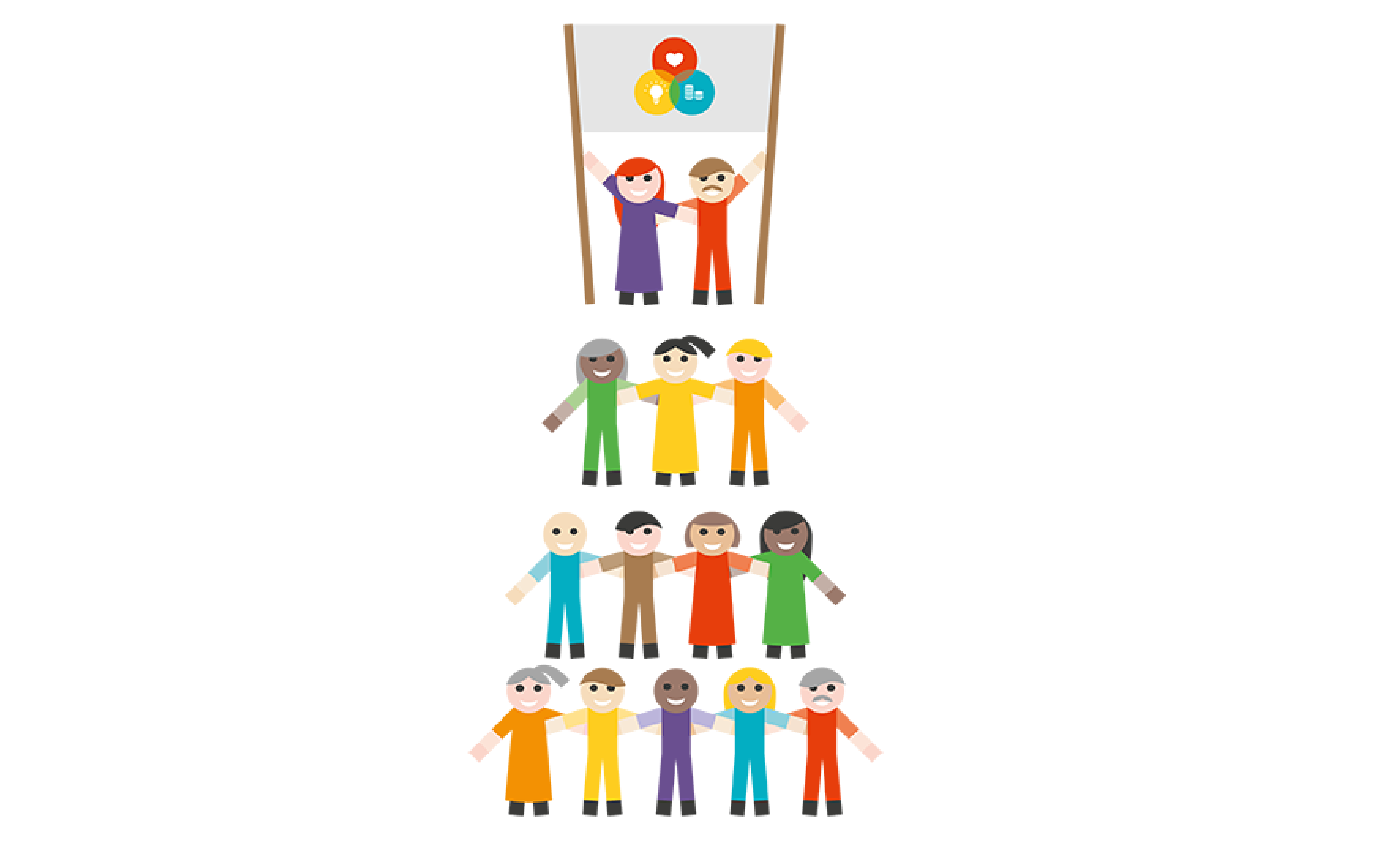 Flag above people in multicolored wear in rows: 2 people at the back, 3 in front of them, 4 in front of the 3, and 5 in front of the 4.