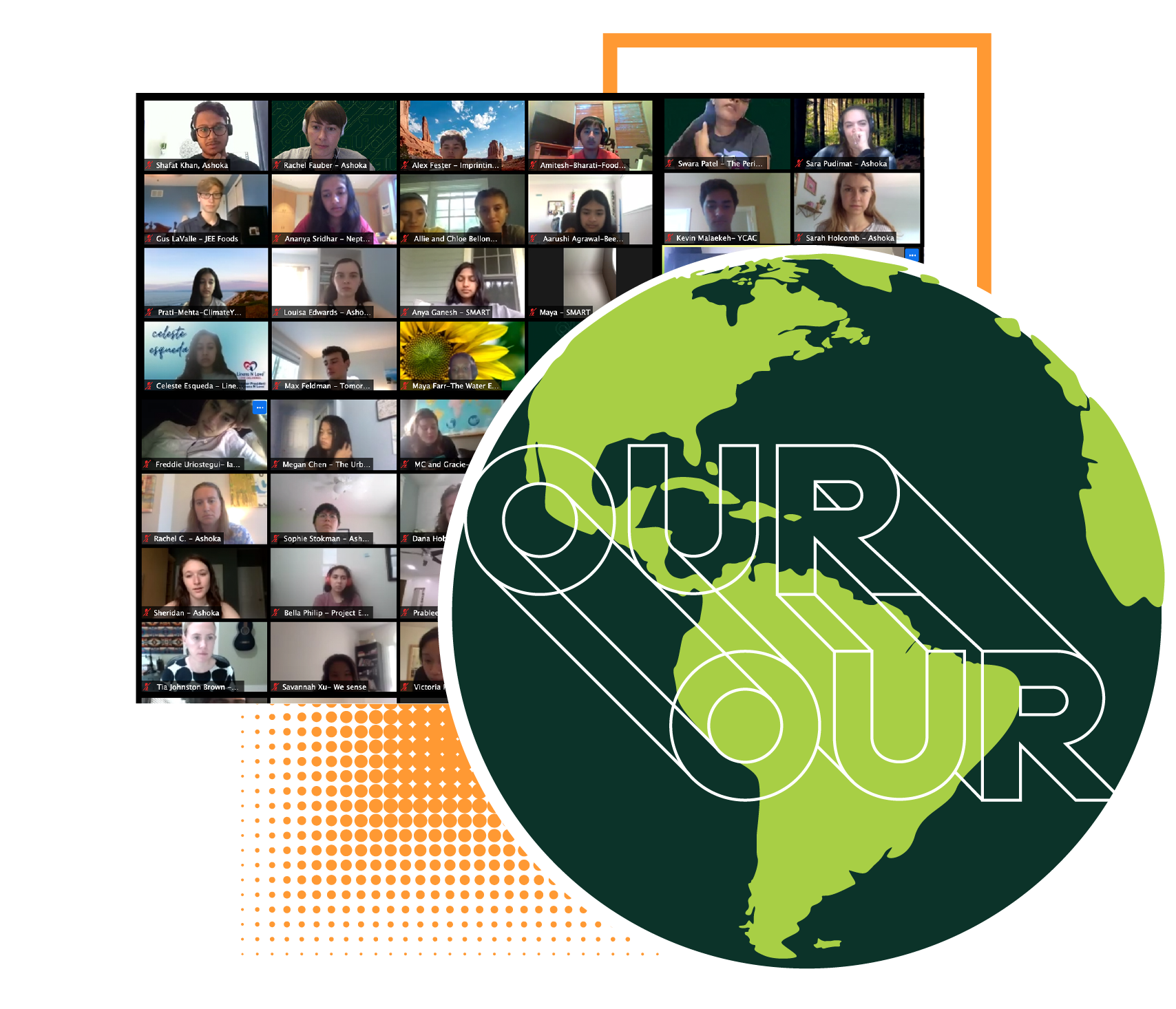 Collage representing the Changemaker Summit which includes lime green background, a graphic of the earth and the Zoom screen event.
