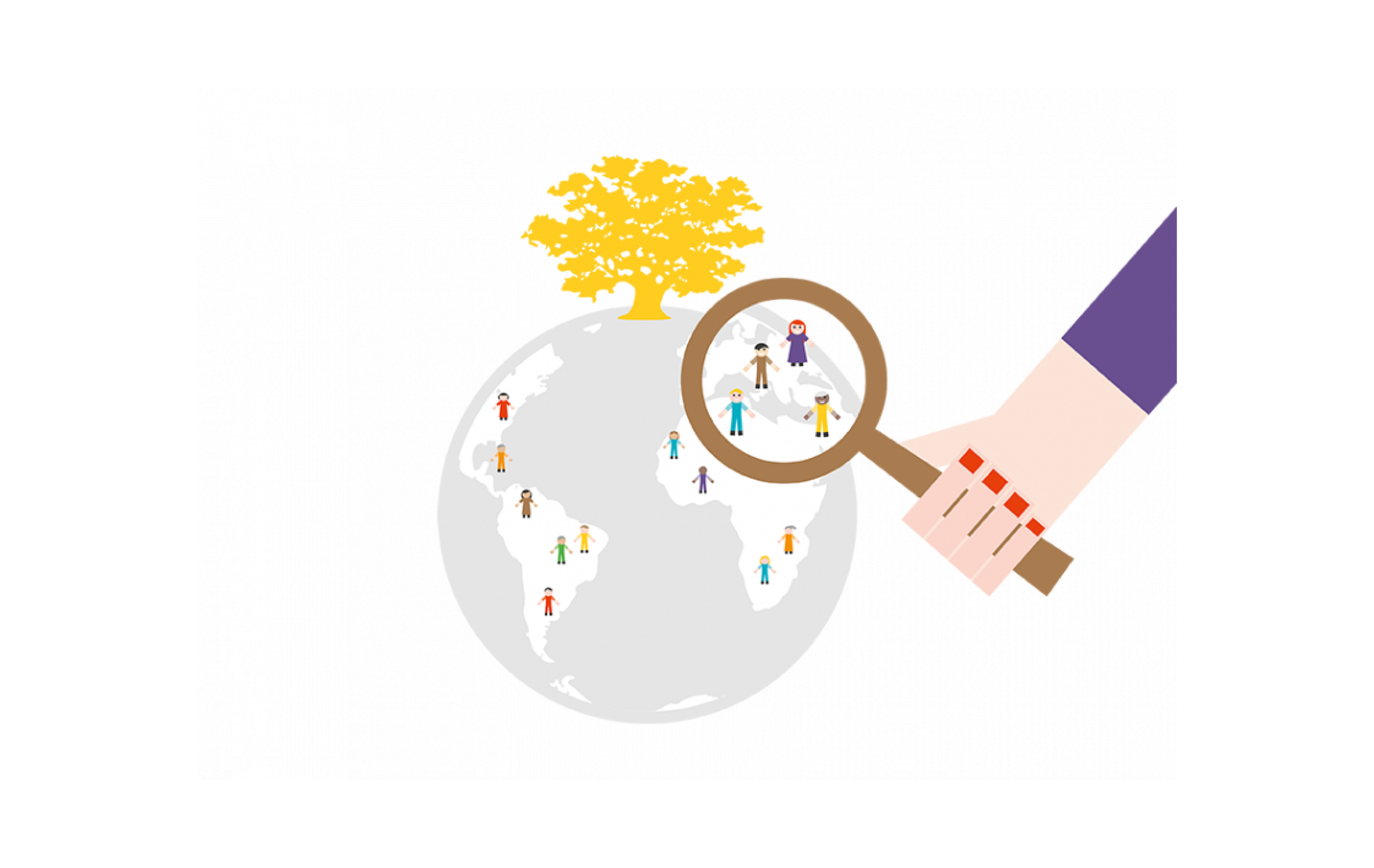 Graphic of a person holding a magnifying glass to a globe with Earth's continents on it, which is focused on three people in the European area, and all the rest of the continents have people on them as well