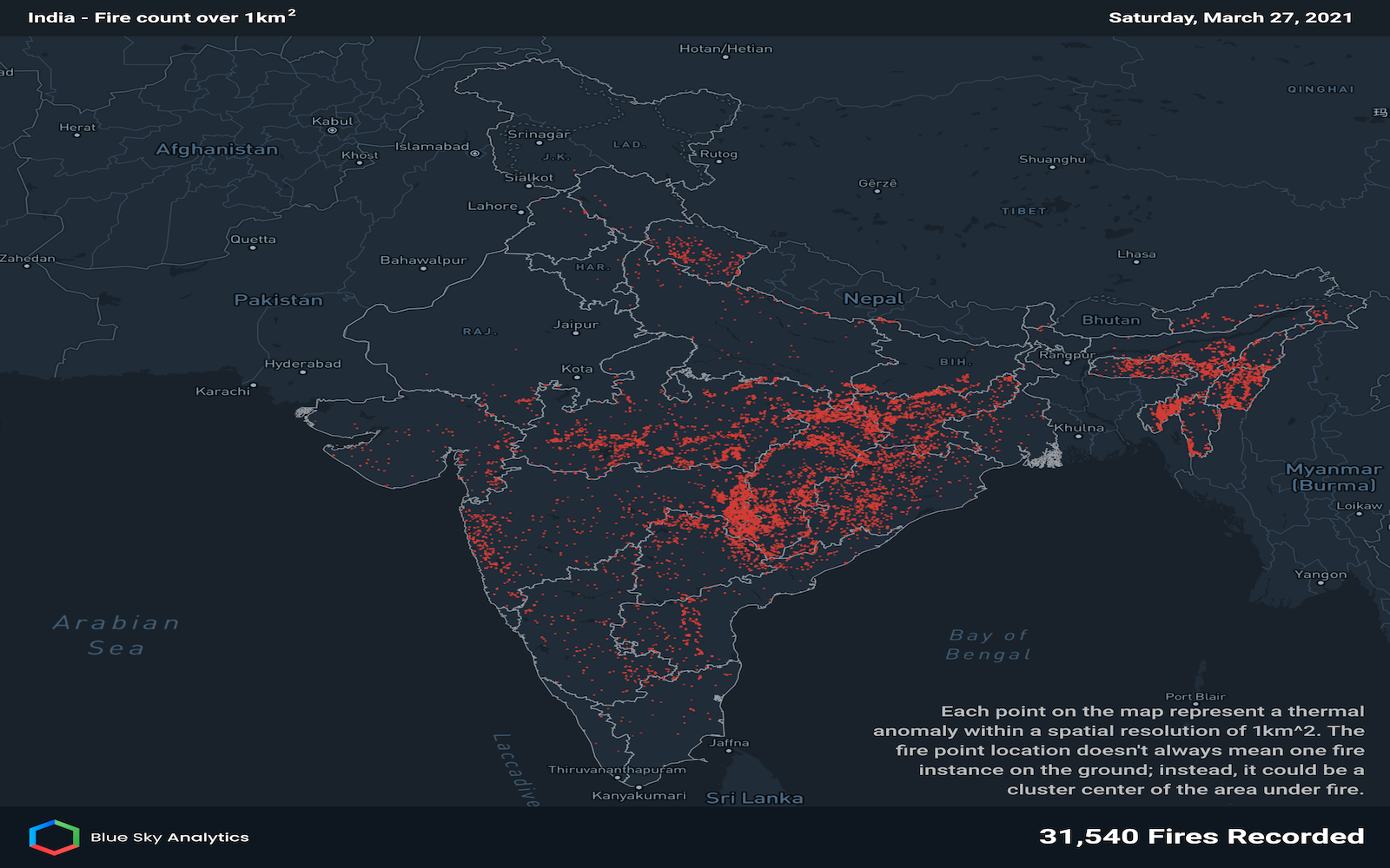 Each point on the map represent a thermal anomaly within a spatial resolution of 1km^2. The fire point location doesn't always mean one fire instance on the ground; instead, it could be a cluster center of the area under fire.