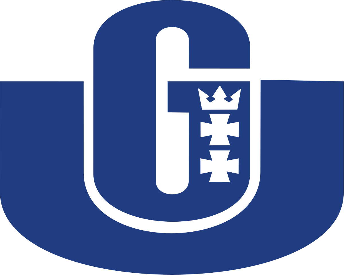 Logo Uniwersytetu Gdańskiego. Na biały gle granatowe G i wpisany w nie herb Gdańska.