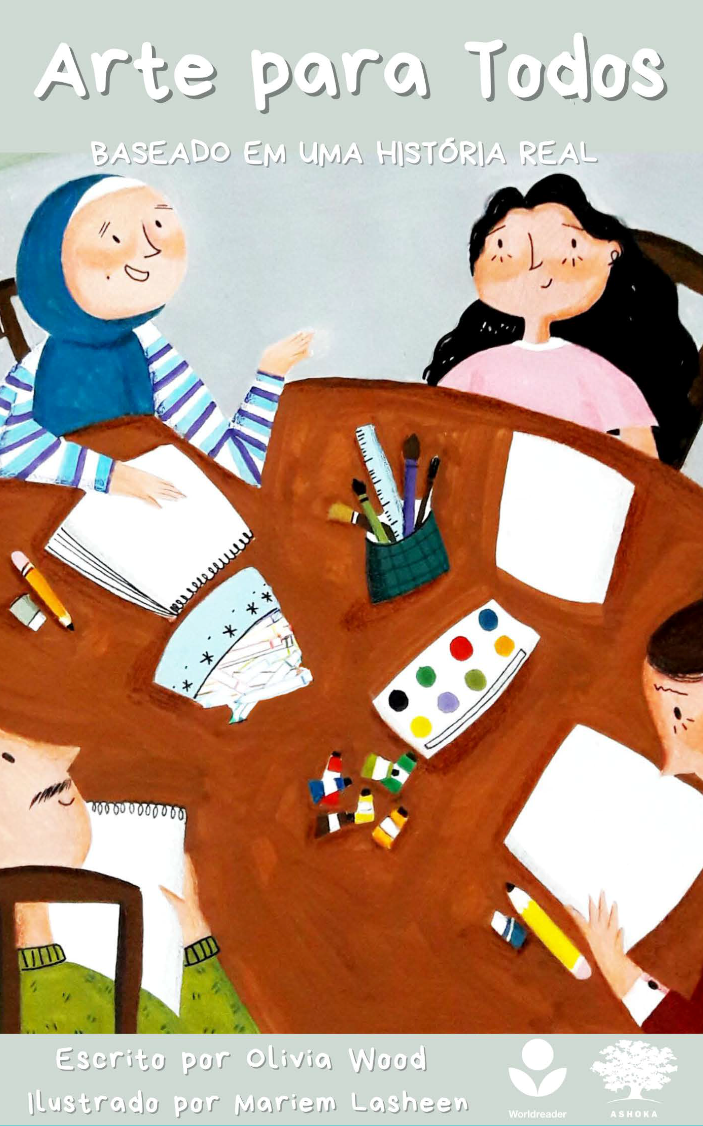 Capa do livro "Arte para Todos". Há uma ilustração de quatro jovens ao redor de uma mesa, que está repleta de materiais artísticos.