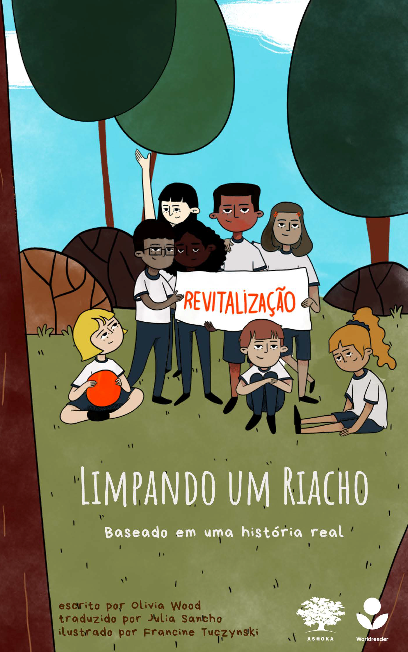 Capa do livro "Limpando um Riacho". Há uma ilustração de um grupo de jovens ao ar livre. Eles estão na grama, com árvores ao seu redor, e estão segurando uma faixa com o dizer "Revitalização".
