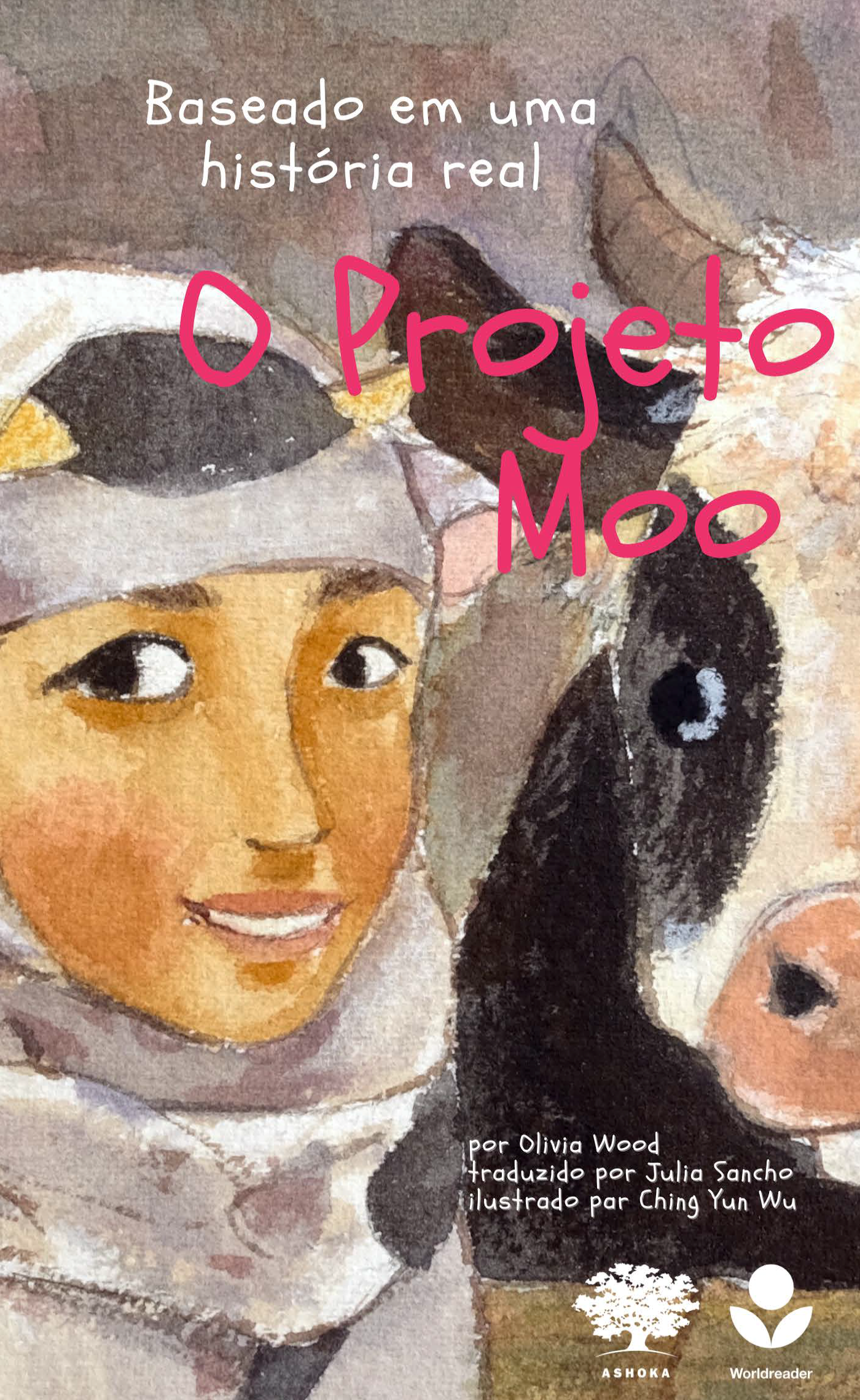 Capa do livro "O Projeto Moo". Há uma ilustração de uma menina sorrindo ao lado de uma vaca.