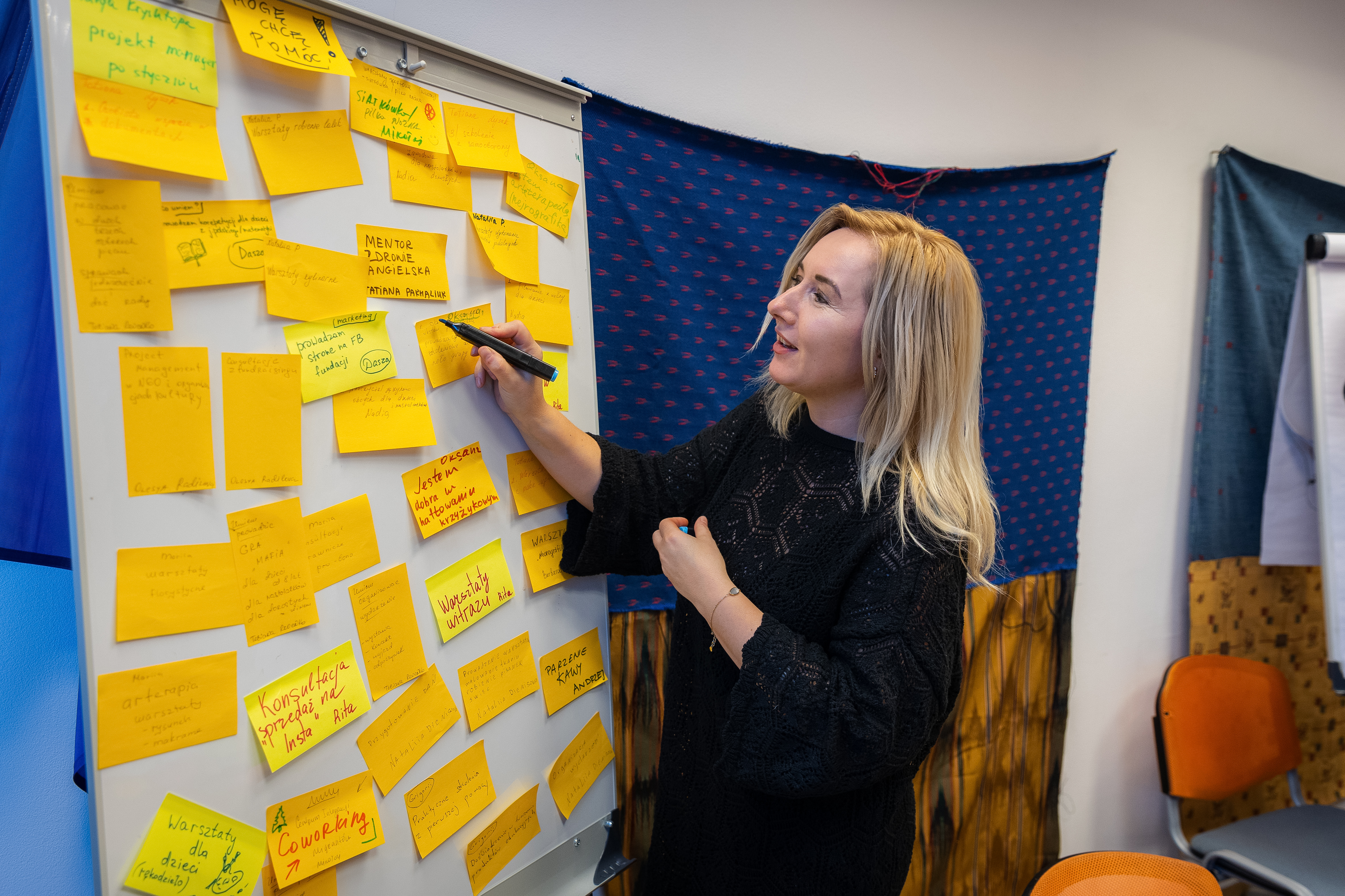 Zdjęcie przedstawia kobietę piszącą markerem po dużej białej kartce z wieloma zółtymi karteczkami post-it.