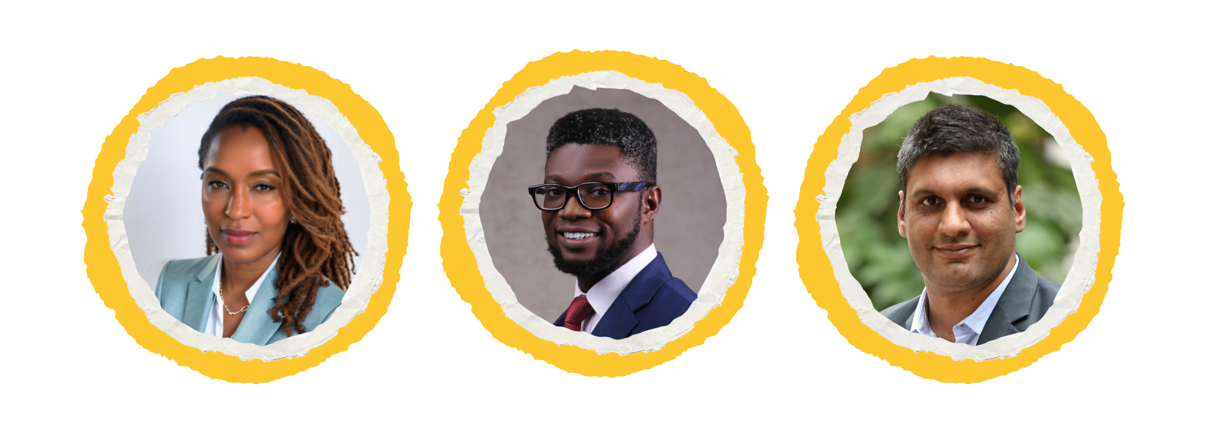 Headshots of Angelou Ezeilo, Okey Uzoechina, and Yashveer Singh