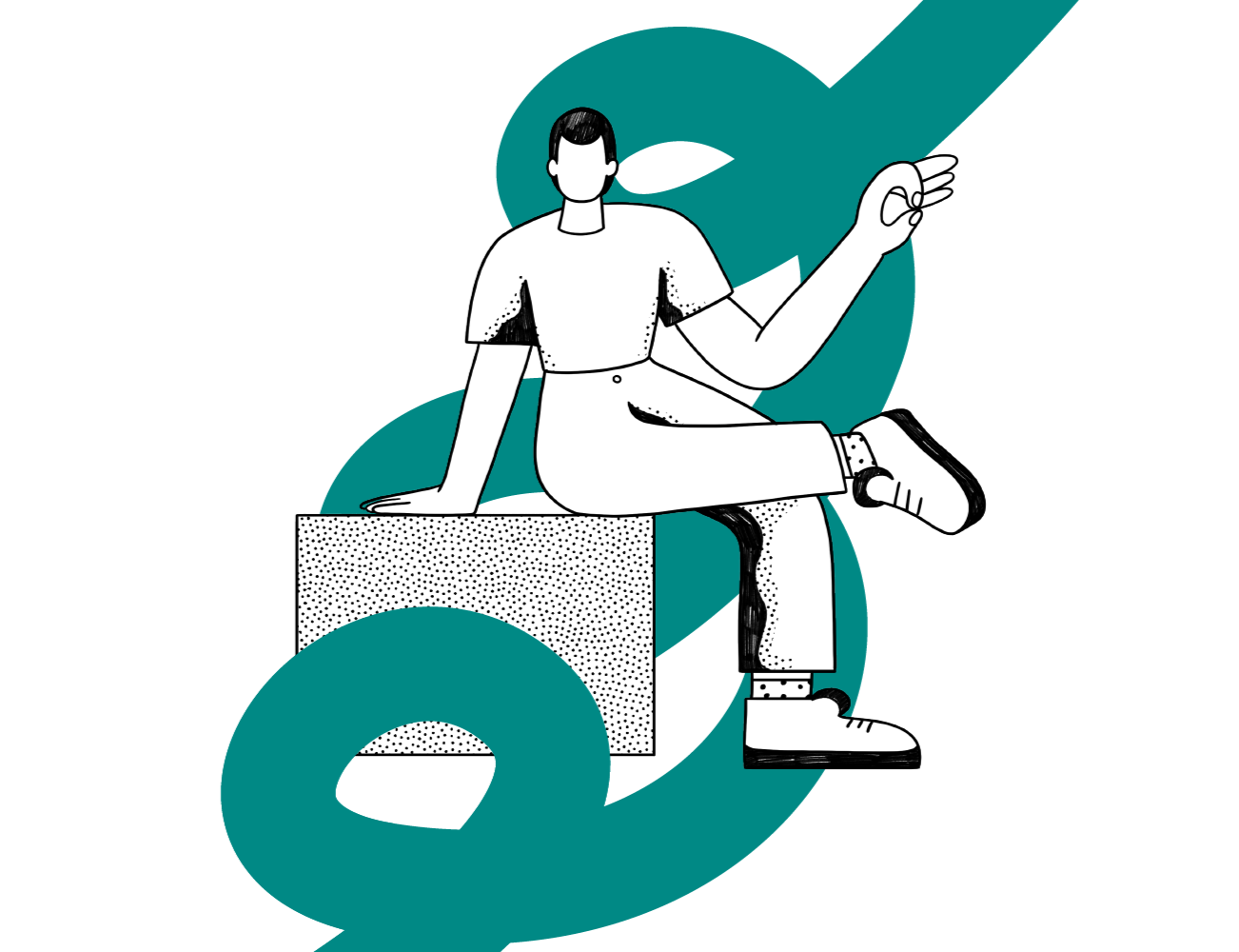 Gráfico del dibujo de una persona sentada en un cubo haciendo el gesto de perfecto con la mano y rodeado por un trazo verde
