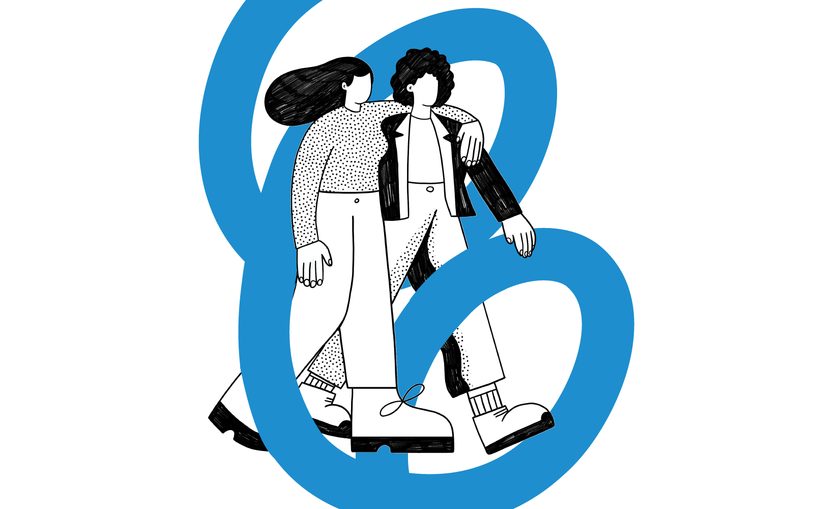 Dibujo de dos personas caminando juntas. Una de ellas tiene su brazo pasado por encima de la espalda de la otra y les rodea un trazo azul.
