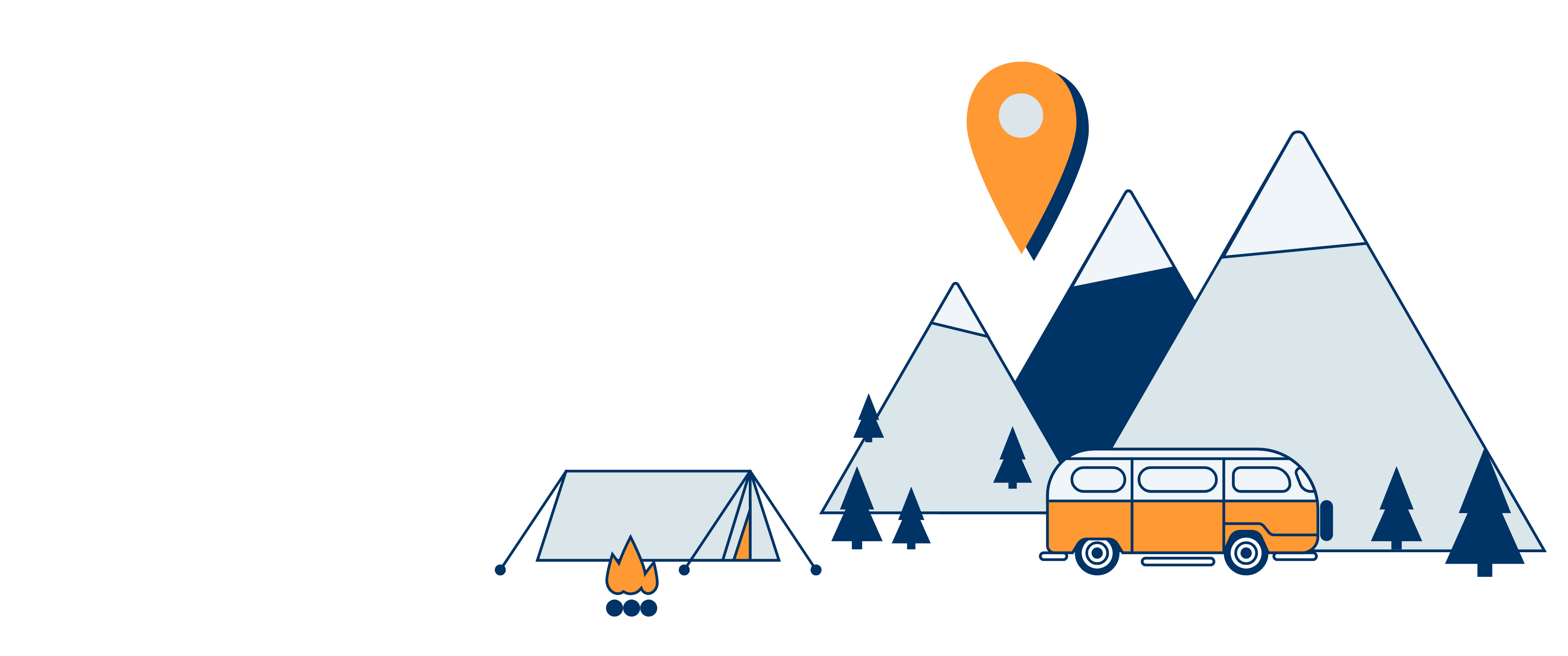 Illustration of tents trees and camper vans next to mountains with a location pin above it