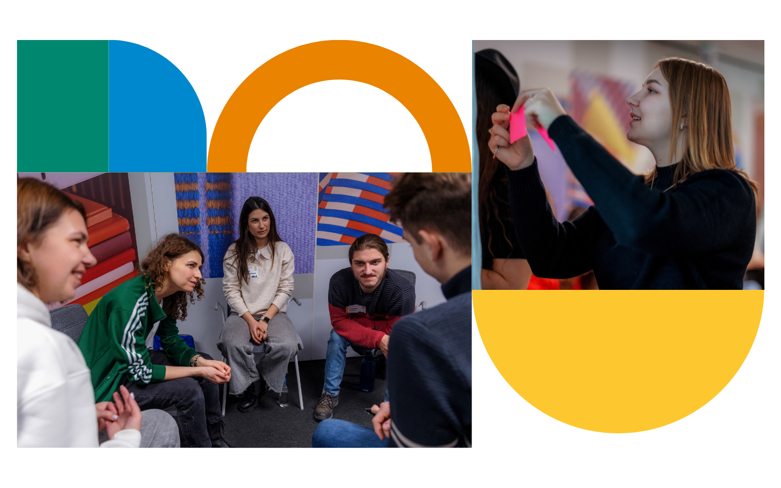 A group of 5 young people sitting in a circle talking and young woman sticking a post-it note to a board