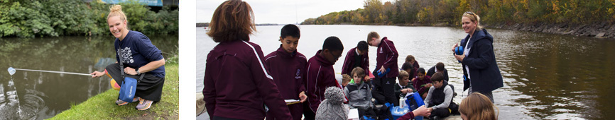 Two photos depicting the work of Ashoka Canada Fellow Kat Kavanagh and Water Rangers
