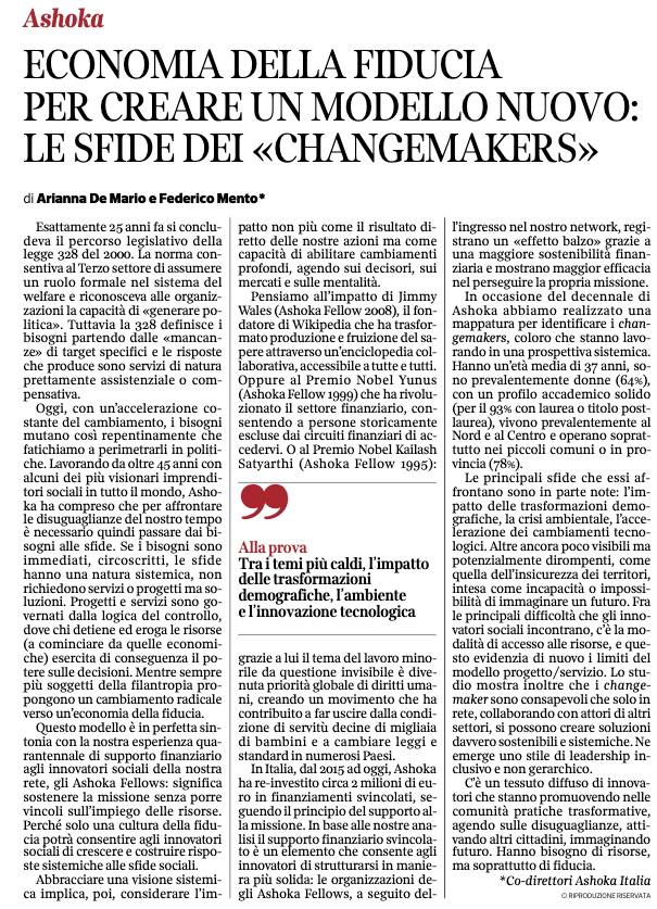 Economia della fiducia per creare un modello nuovo: le  sfide dei Changemaker - Articolo Corriere della Sera Ashoka Italia