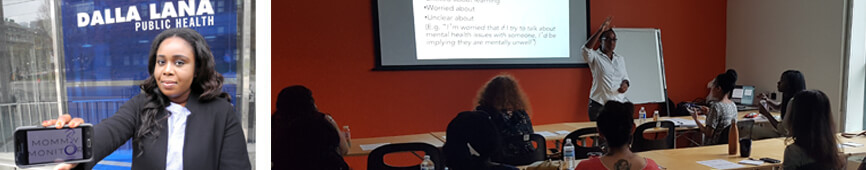 Two small photos of Canada Fellow Elsie Amoakos work with Mino Care