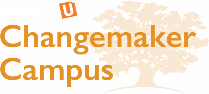 Logo of Ashoka U Changemaker Campus. Blue letter in bold at top saying Ashoka, U is outlined in white with an orange background. Underneath Ashoka U are the words Changemaker Campus in bold and Orange. To the right is a light orange tree. 