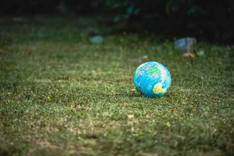 Mały globus leżący na trawie.