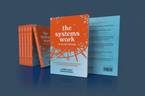 Graphic for the cover of the book "The Systems Work of Social Change" by Cynthia Rayner and Dr. François Bonnici. Dark blue background. 5 books with an orange spine stacked horizontally against each other. In the center, Cover of The Systems Work of Social Change – Half the cover is orange with scribbles, the other half a gradient going from light blue to white at the bottom. Words at top in white: The Systems Work (in big bold letters, all undercase) of Social Change (in smaller letters, all lower case).