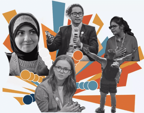 a blast of oranges and blue overlaid by five figures in black and white. Moving clockwise from the top left is a young girl wearing a hijab, an older man in a suit with glasses, a young woman with dark hair, a small boy lifting his arms up, and a young girl with glasses and a jacket. 