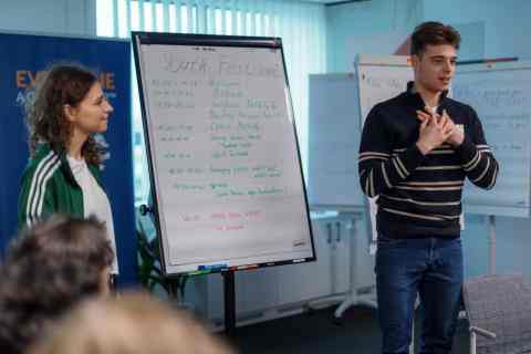 Young man and woman presenting something written on a flipchart