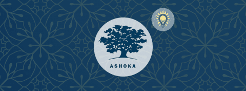 Image of Ashoka tree in blue, with light blue circle around it. Around the circle is a dark blue rectangle. Diagonally to the right of the tree is a yellow lightbulb encircled by a light blue circle.