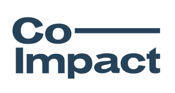 Co-Impact Logo. Co with a long dash on first line, Impact on second line. Writing in Dark Blue