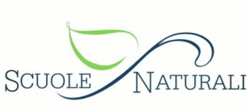 Logo for Scuole Naturali. Word Scuole to left, step starts at end of word and goes diagonally to the right, with one green leaf; the word Naturali on the other side of the stem