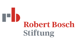 lower case grey r next to lower case red b. Then words Robert Bosch in red, and Stiftung in grey just below them