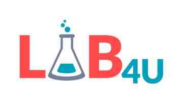 Capital letter L, A with an Erlenmeyer Flask, with liquid in royal blue, Big letter B in red, then smaller letters 4U in royal blue as a subscript to the large B