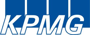 Logo for KPMG, partner of Ashoka Hungary. Four blue rectangles in the background. White letters in blue outline in the foreground that say "KPMG"
