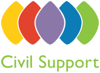 Logo for Civil Support, partner of Ashoka Hungary. Five diamonds next to each other in a horizontal line; colors from left to right: yellow, red, purple, blue, and green. Words in green below "Civil Support"