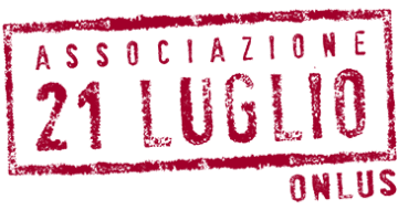 Logo for Associazione 21 Luglio, Partner of Ashoka Italy (Italia). Vintage rectangle in red with white background. inside rectangle are letters in red: Associazione 21 Luglio. Underneath rectangle on right side is the word: Onlus in red