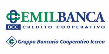 EmilBanca Logo, Partner Ashoka Italy (Italia); Two C's intersecting one another, one of them blue and one of them green. To the right of the C's, the word EMIL in capitals and light green; below the words in italicized blue: Gruppo Bancario Cooperativo Iccrea