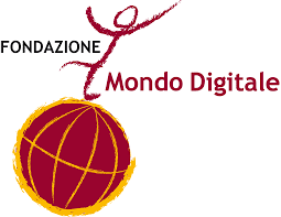 Fondazione Mondo Digitale, Partner of Ashoka Italy; word Fondazione in small capital letters to the left; to the right Mondo Digitale in bright maroon. between Fondazione and Mondo Digitale is a cartoon stick figure person, that is walking on a globe (the globe is below and to the left of the word Mondo Digitale); the globe is orange and bright maroon.