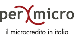 Logo for PerMicro, Partner for Ashoka Italy (Italia); black letters lower case per next to two giant c's in maroon that are back to back at a diagonal slant to the left; micro in lowercase and black. Underneath in black and smaller lettering: il microcredito in italia