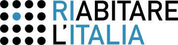 Logo for Riabitare L'Italia. 4 by 4 box of black dots with one of the dots in the center being light blue. Words Riabitare L'Italia all in capitals, the "RI" in light blue, and the "Italia" in the same light blue