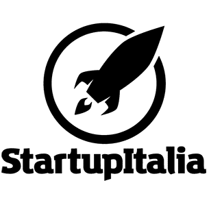 Startup Italia Ashoka Italy (Italia) Partner; Black circle with grey inside, rocketship cartoon in black in the middle of the circle. Words StartupItalia in black underneath