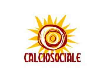 Logo for Calcio Sociale, Ashoka Italy (Italia); Abstract Sun picture; inside has three dark red circles each smaller and smaller. Within the circles are two gold circles; beyond the largest red circle are golden rays outstretched beyond the sun; below the sun in dark red capital letters: Calciosociale