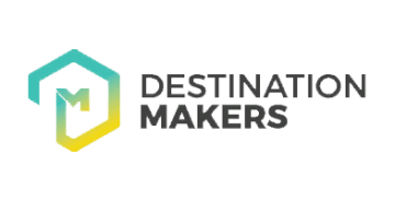 Logo for Destination Makers, Ashoka Italy (Italia) Partner; Outline of a box in light blue-green which then transitions to yellow and then a meld between yellow and blue-green in the center of the box with the letter M; to the right in all capitals: Destination; and in all capitals below destination is "Makers" in bold and black font 