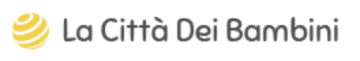 Logo for La Città Dei Bambini, Ashoka Italy (Italia) Partner; world with yellow-orange stripes. Next to it are the words in comic sans font: La Città Dei Bambini