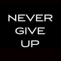 Logo for Never Give Up, Partner for Ashoka Italy (Italia); Black background with the capital words "Never," above "Give" above "Up"