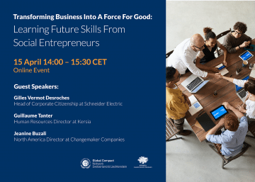 Event flier showing event information and image of 6 people sitting around a table with two of them shaking hands across it.